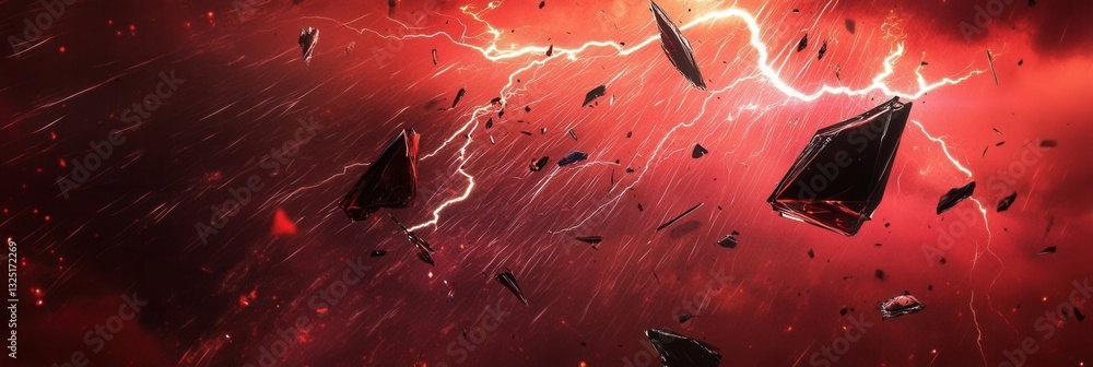 Aufkleber dramatic red and black abstract background with lightning bolts and shattered glass fragments creati