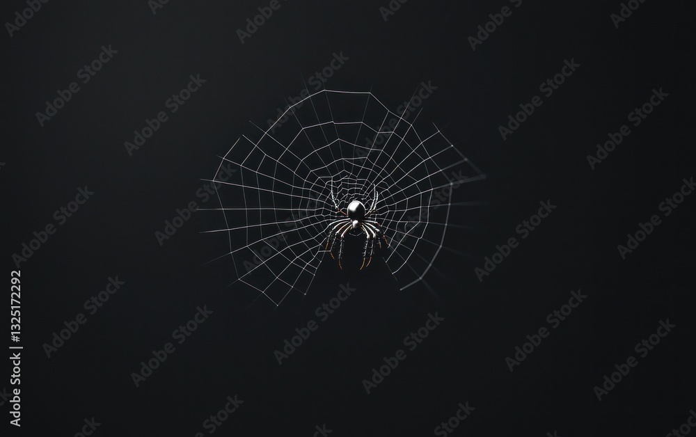 Poster abstract image of a radial, web-like pattern in shades of gray and white against a dark background. 