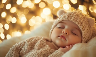 Sleeping baby wearing knitted hat, surrounded by soft warm lights.