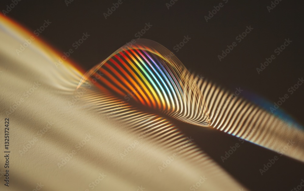 Poster abstract image of a rainbow-colored wave-like form with striped patterns, cast on a light beige surf