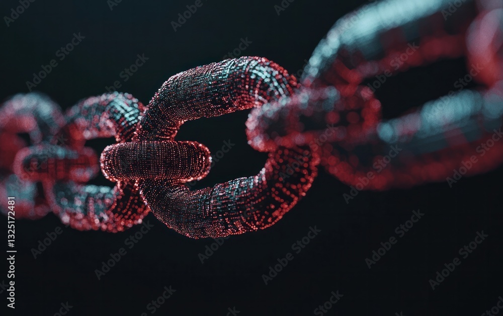 Poster abstract close-up of a chain link composed of red and blue particles against a dark background. the 