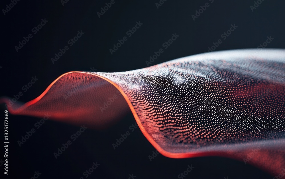 Poster abstract digital wave, red and white particles on black background. glowing, flowing form with a thr