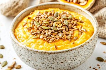 Creamy Pumpkin Soup with Nutty Seed Garnish on Rustic Table in Autumnal Setting for Culinary Inspiration and Seasonal Recipe Promotions