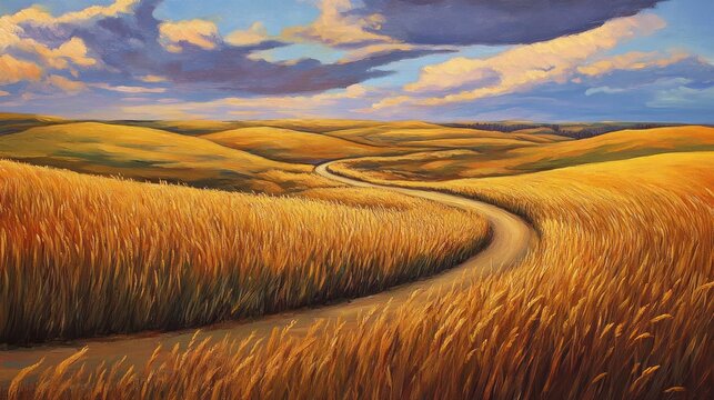 A winding road through rolling hills of golden wheat fields
