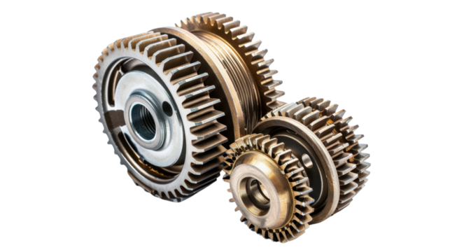 Three different gears interlocking, creating a complex mechanism on transparent background