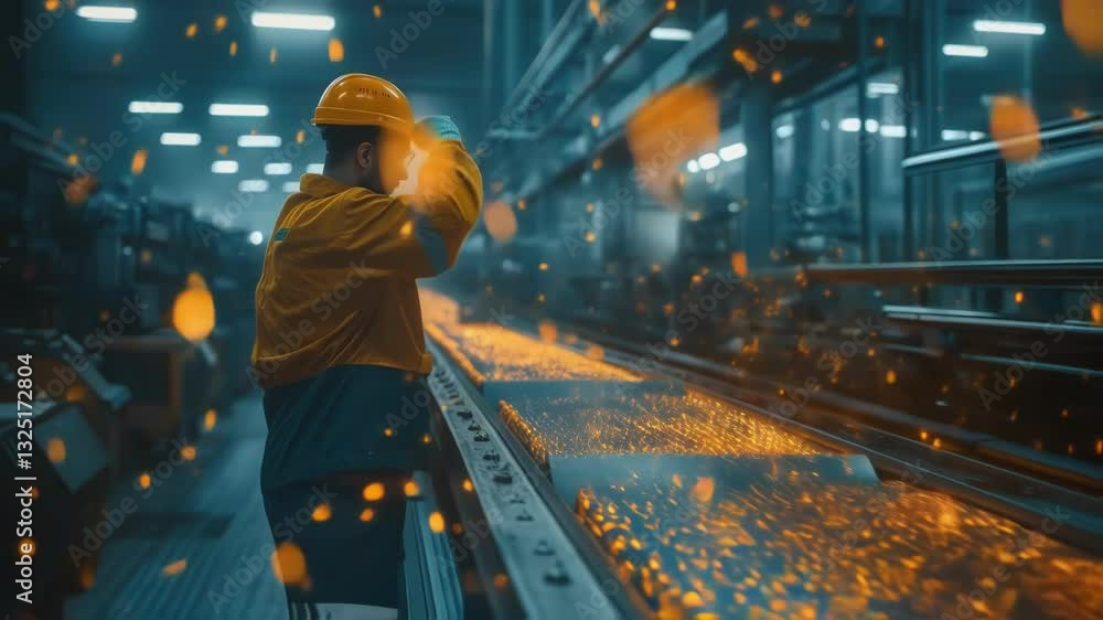Poster industrial worker in safety uniform and hardhat inspecting the production line of hot steel rods, en