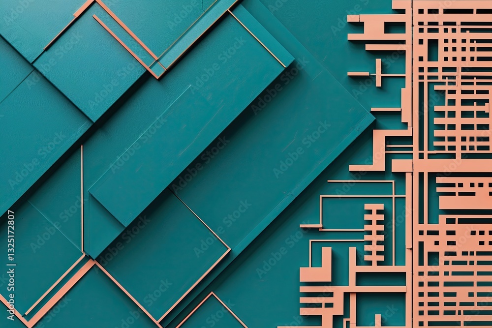 Poster vibrant teal background with smooth diamond patterns and pixelated grid design in bold peach border