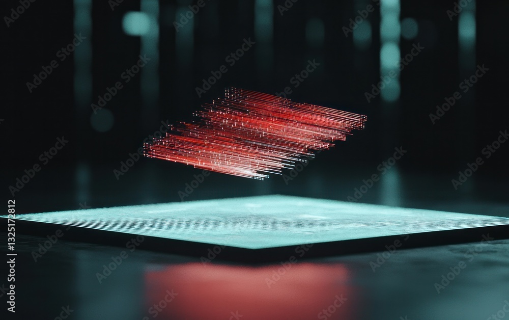 Poster abstract digital art depicting a red particle cloud hovering above a teal surface, set against a dar