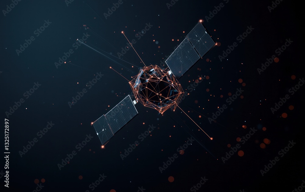 Poster abstract digital rendering of a satellite in deep space, composed of glowing particles and lines. da