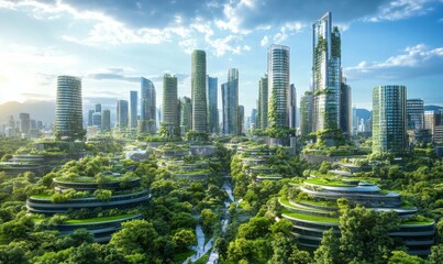 Vibrant future city with green spaces and sustainable urban development.