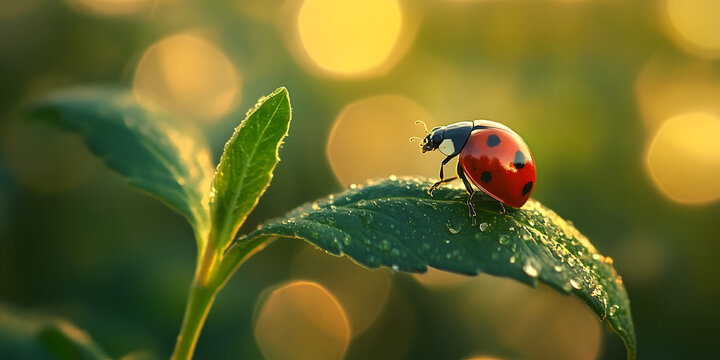 Colorful ladybug on leaf with morning dew, nature macro photography, ladybird close-up with bokeh, nature insect picture