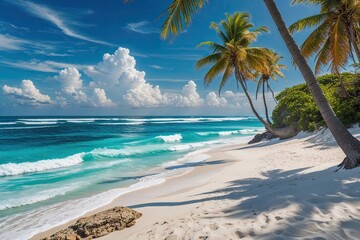 Obraz premium Tranquil Coastal Escape with Blue Waves and White Sandy Beaches