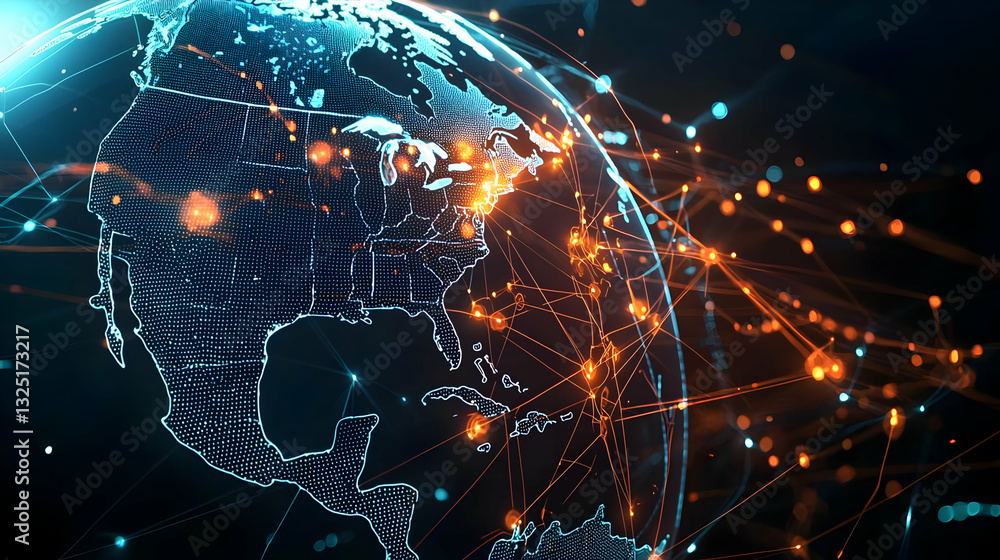 Poster abstract digital globe displaying interconnected networks with blue and orange light trails