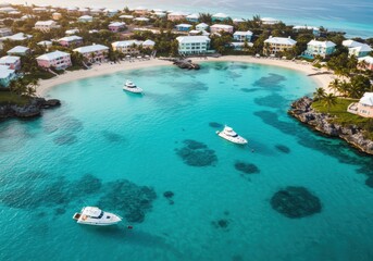 Obraz premium Scenic tropical beachside village with vibrant houses and yachts in crystal clear blue bay