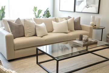 A sleek living room with a beige sofa, a rectangular glass coffee table, and understated neutral decor