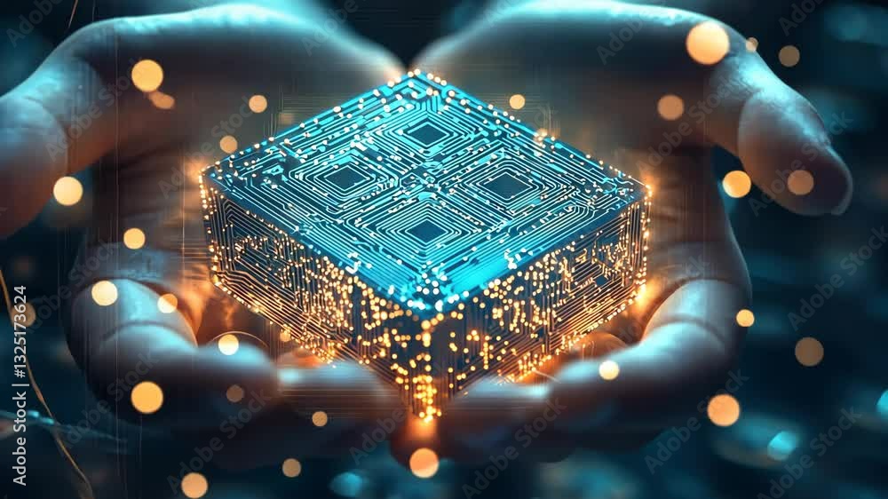Poster advancing technology: hands holding a glowing microchip in futuristic digital environment