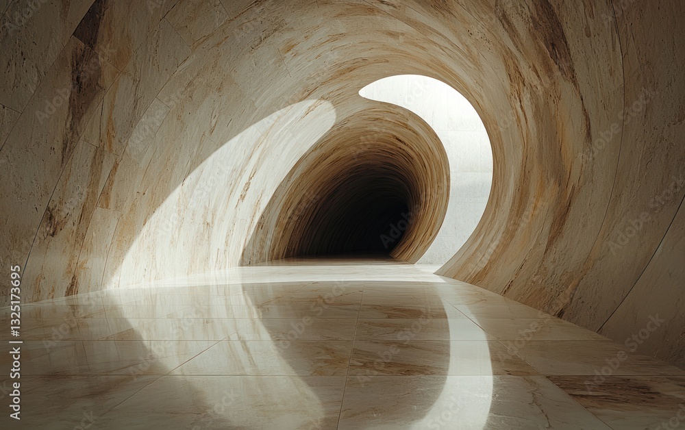Poster abstract image of a swirling, beige stone tunnel with a reflective floor. light streams in from an o