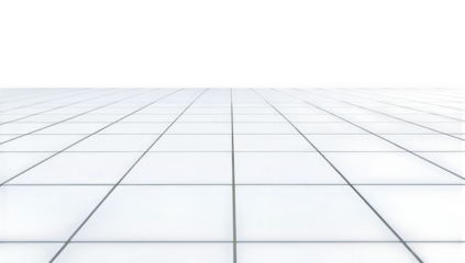 a minimalist space featuring a reflective tiled floor and a blank light-colored background creating an expansive and serene atmosphere