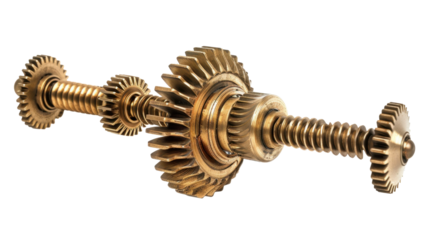Worm gear driveshaft rotating and connecting gears on transparent background