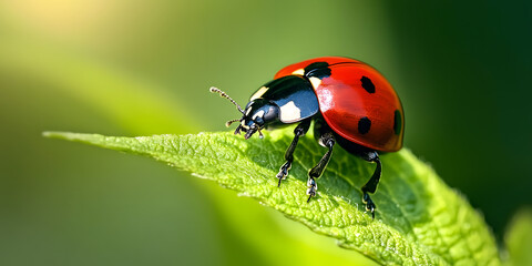 Fototapeta premium Ladybug on Leaf Photography, Insect on Green Nature, Close Up Macro Bug, Ladybird Picture, Colorful Ladybug, Nature Photography