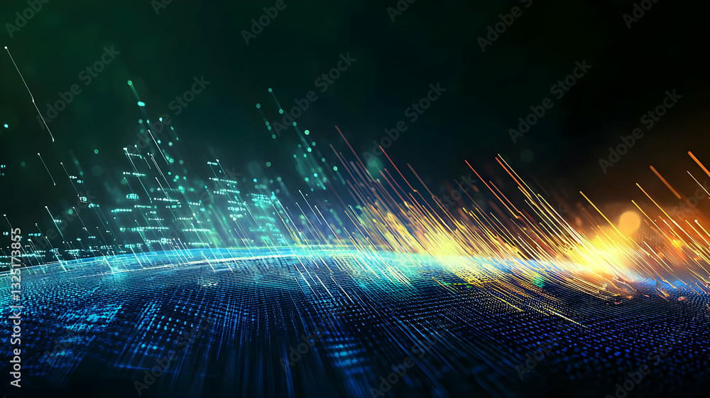 Poster dynamic abstract digital landscape with flowing light particles and gradient from blue to green and 