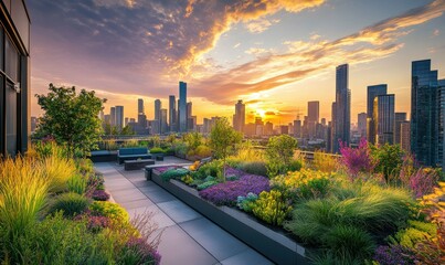 Fototapeta premium Vibrant rooftop garden overlooking a city skyline at sunset.