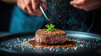 Obraz premium Close-up of a perfectly cooked steak being seasoned by a chef.