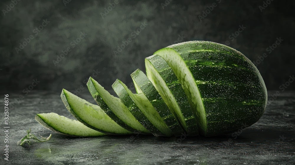 Poster sliced cucumber on dark background.