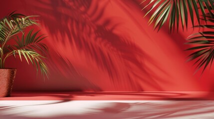 Vibrant red background with tropical palm leaf shadows, creating a warm and exotic ambiance perfect for summer-themed designs.