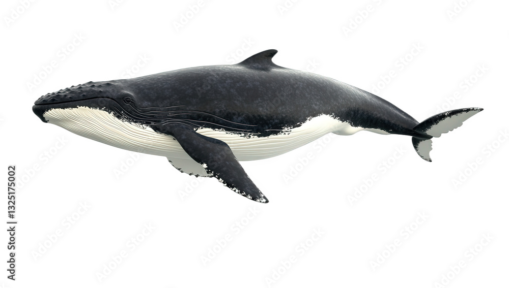 Poster a 3d representation of a humpback whale swimming gracefully showcasing its distinctive features and 