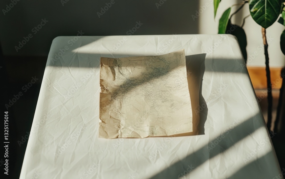 Poster close-up view of a crumpled, aged piece of paper with dark speckles scattered across its surface, re