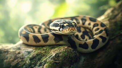 Fototapeta premium A patterned snake rests on a mossy log in the forest