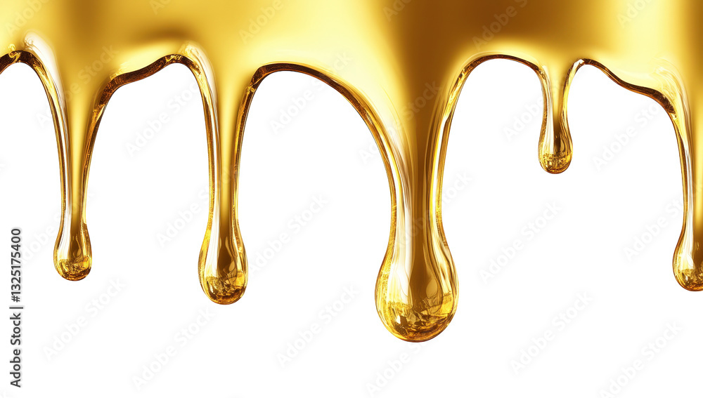 Poster a close-up view of golden liquid dripping resembling honey or syrup with a smooth texture against a 