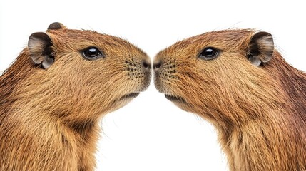 Fototapeta premium Cute capybaras kissing with their noses on a white background, isolate