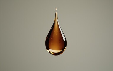 Fototapeta premium A single, amber-colored drop of liquid hangs suspended against a neutral gray background. The drop is teardrop-shaped, with highlights reflecting light. The image is simple and clean, with a focus on