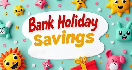 Fototapeta premium A vibrant and playful design promoting bank holiday savings, featuring colorful animated characters and cheerful elements.