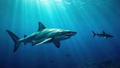 Fototapeta premium Great white shark hunting small fish in blue ocean, gill, apex predator