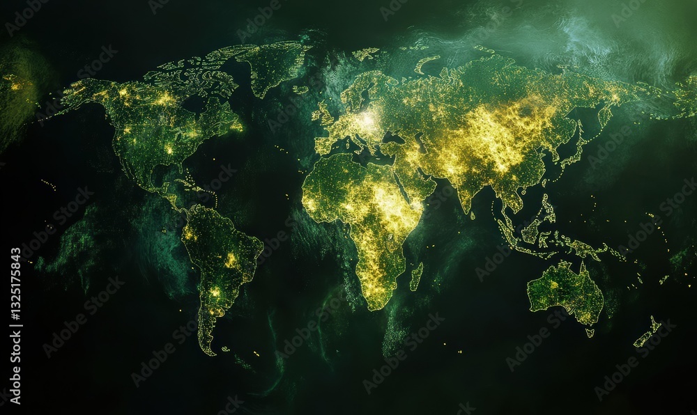 Poster visualizing carbon border adjustment mechanism impact with global trade map displaying emission hots