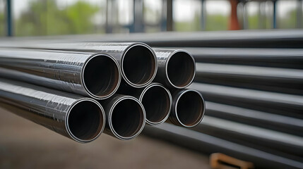 Close Up View Of Stacked Black Steel Pipes In An Industrial Warehouse Environment