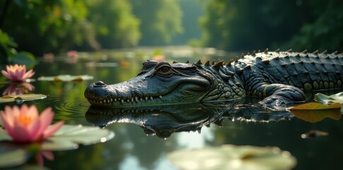 Huge alligator basks, sunlight filters through water lilies , swamp, rest