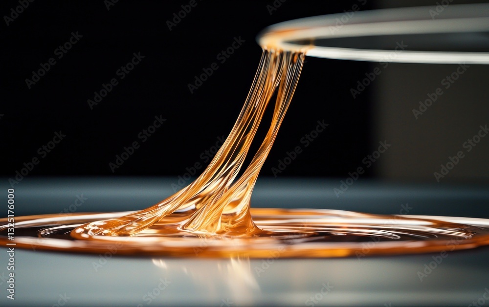 Poster amber liquid pouring and stretching, creating strings and ripples on a dark surface. close-up view w