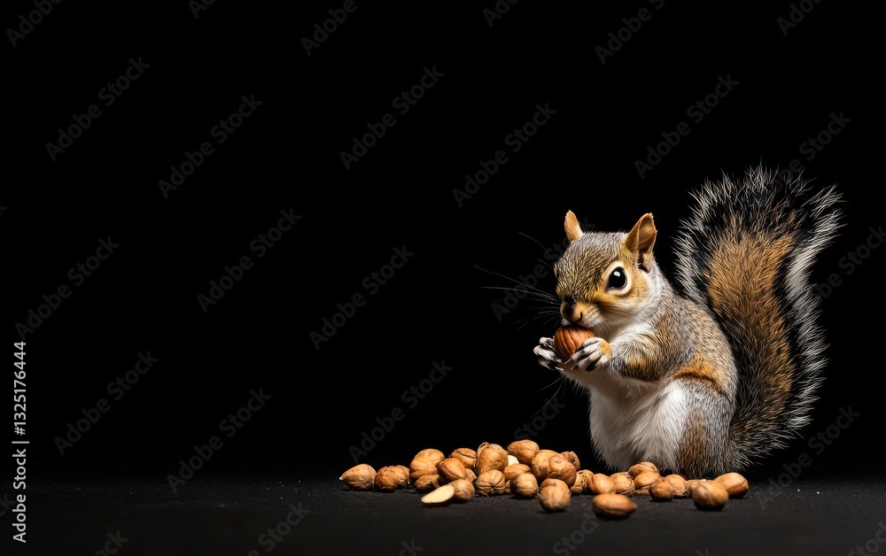 Poster a squirrel sits amidst a pile of nuts against a black background. its tail is depicted with a sparkl