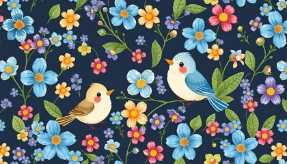 Adorable cartoon birds & blue flowers on a spring/summer seamless pattern, wallpaper, pretty