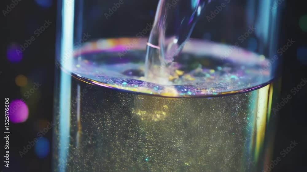 Poster pouring transparent liquid into a glass filled with colorful glitter particles, creating a mesmerizi