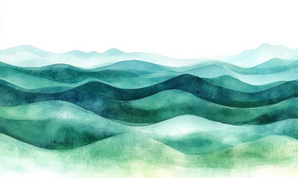 Watercolor waves with shades of green and blue reminiscent of nature, calming texture, watercolor painting, serene landscape, gentle ripples, organic design
