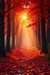 Fototapeta premium Golden hour sunlight streams through red-leaf-covered path , clear, october, environment