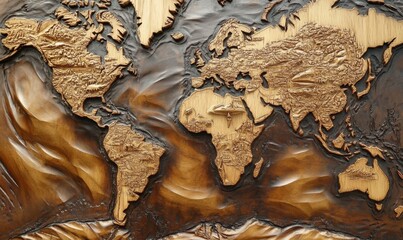 Wooden map of the world with carved geographical details.