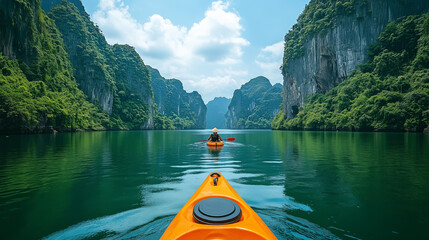Kayaking through stunning limestone cliffs in a serene green bay on a sunny day