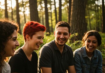 Fototapeta premium Friends enjoying a lively conversation in sunlit forest setting
