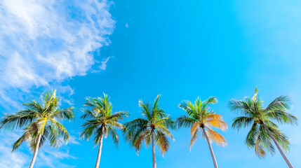 Low Angle View Of Lush Green Palm Trees Against A Vibrant Blue Sky With Wispy White Clouds Evoking Tropical Paradise